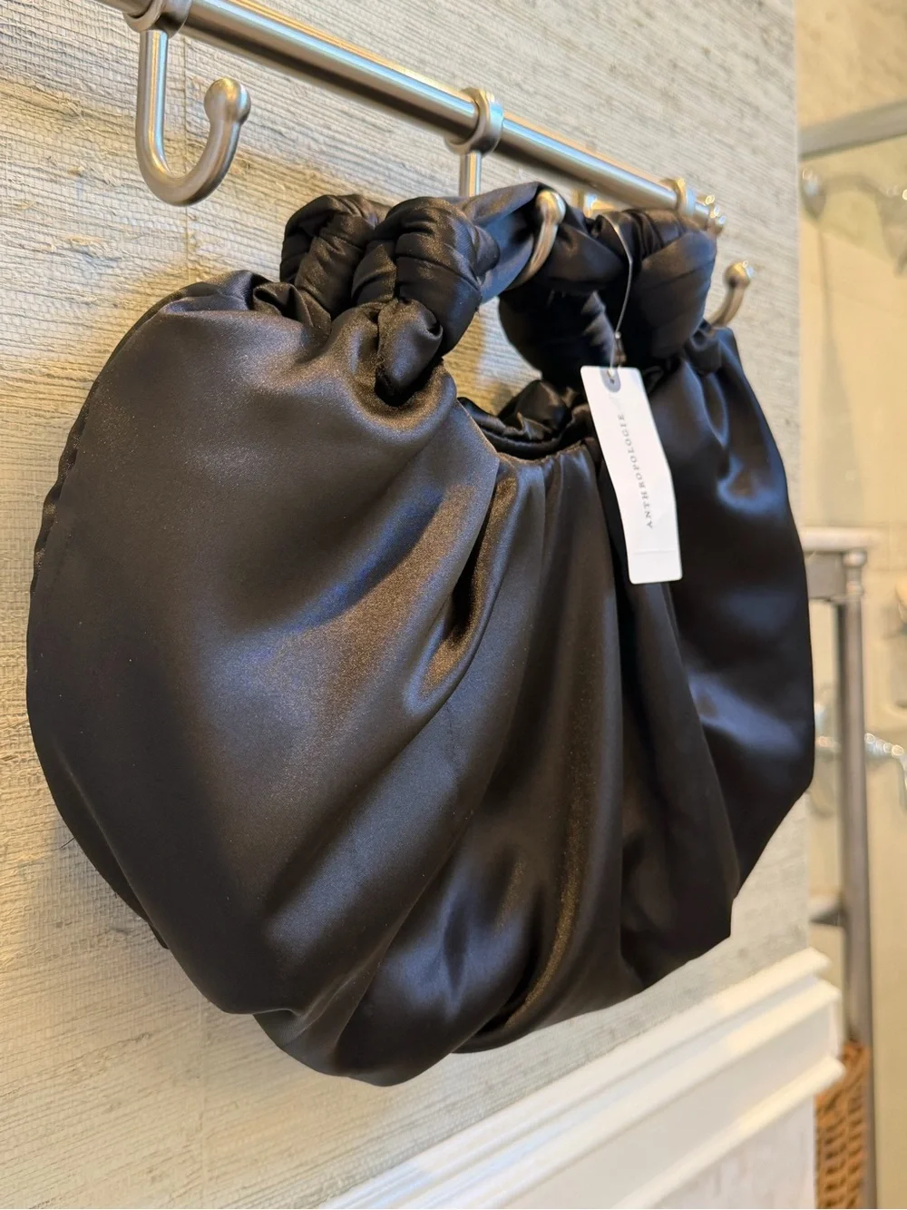 NWT new Anthropologie slouchy satin knotted bag Black teensy imperfection